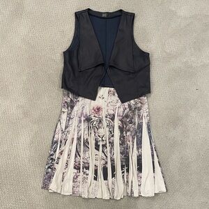 ORLY Paris Navy Vest with Tiger Print pleat Skirt Outfit